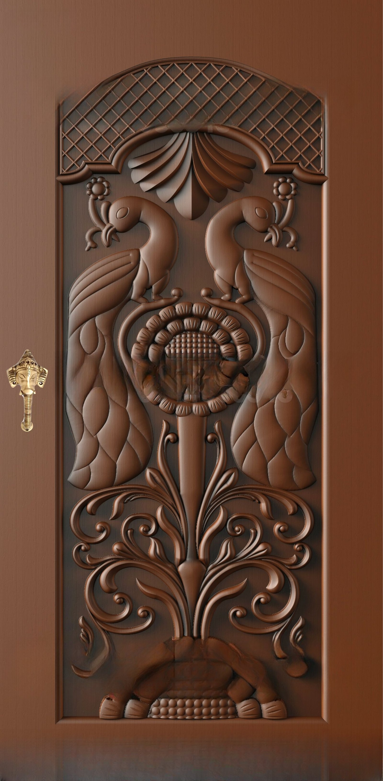 God Doors - GD-26 Elegant Peacock Motif Divine Wooden Relief Door Design